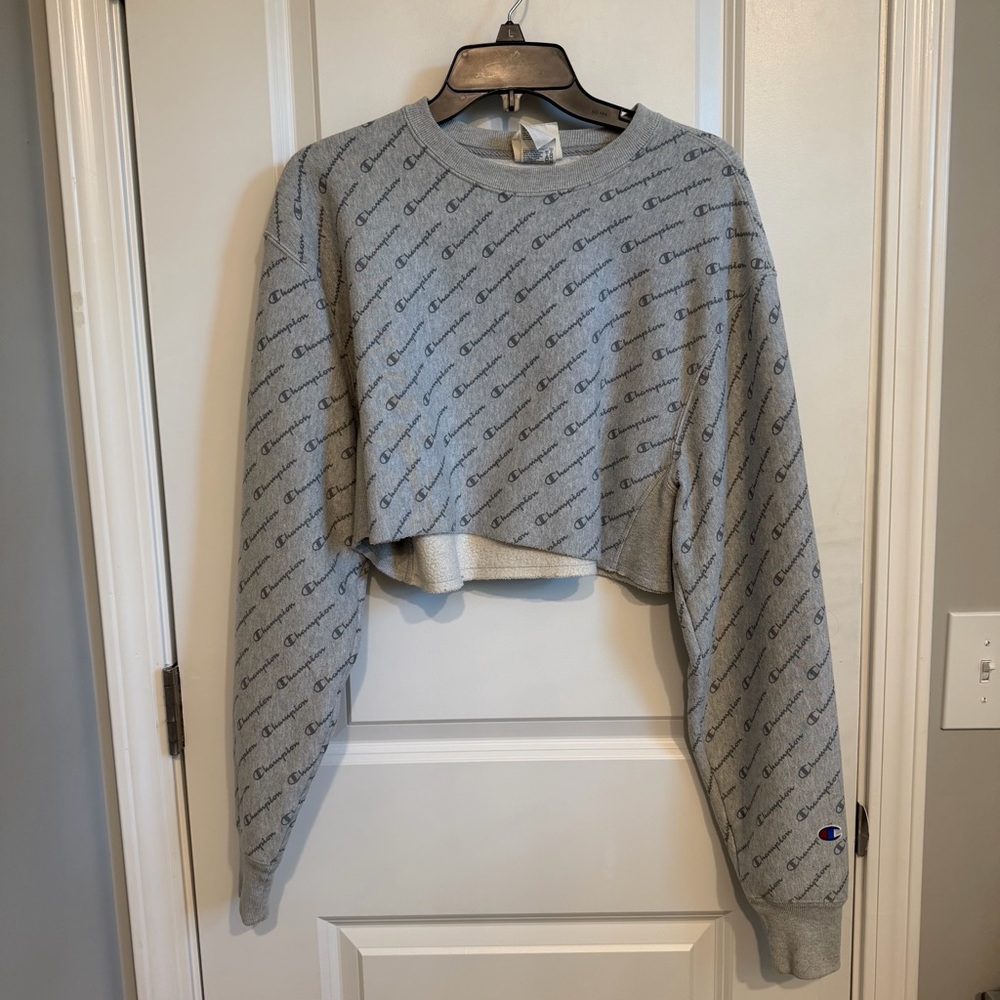 CHAMPION cropped grey logo crewneck sweatshirt